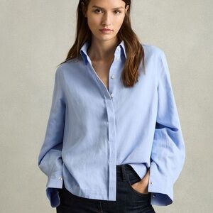 REISS Ali Lyocell Blend Press Stud Back Shirt Blue Snap Sleeve Blouse Size 8-10